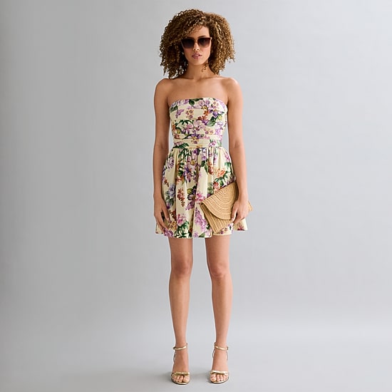 belle vie Womens Straight Neck Sleeveless Floral Fit + Flare Dress