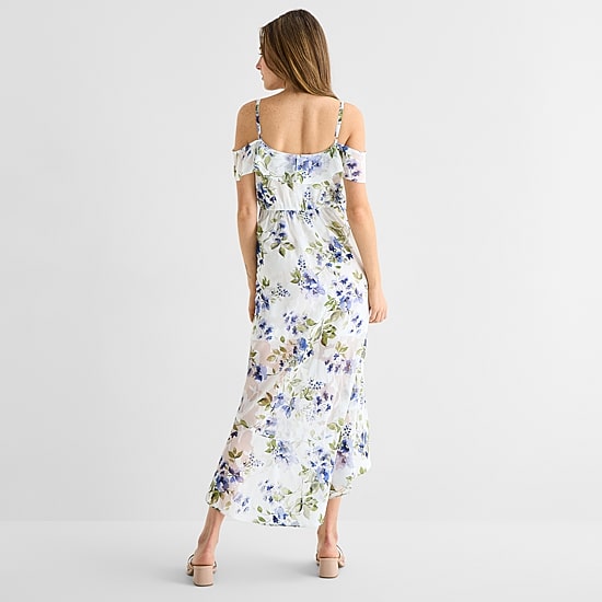 by&by Womens Juniors High-Low Sleeveless Off the Shoulder Floral Fit + Flare Dress