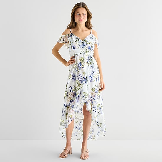 by&by Womens Juniors High-Low Sleeveless Off the Shoulder Floral Fit + Flare Dress
