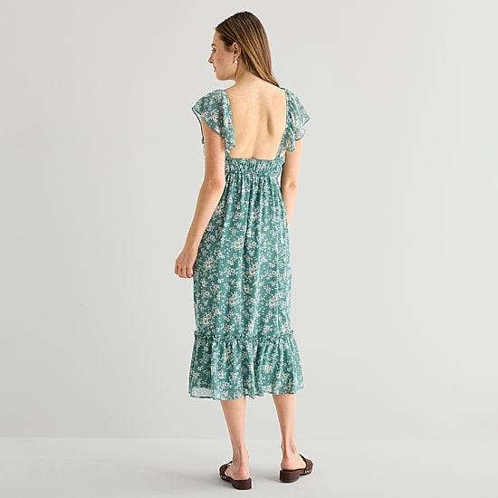 Emerald Sundae Womens Juniors Midi Y Neck Short Sleeve Flutter Maxi Dress