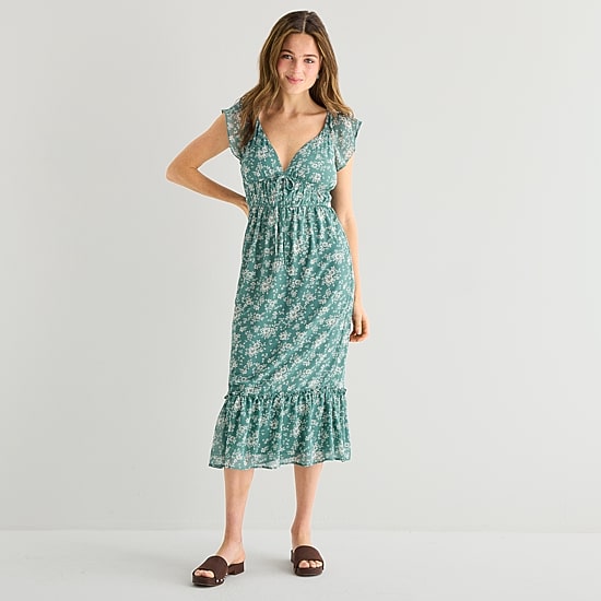 Emerald Sundae Womens Juniors Midi Y Neck Short Sleeve Flutter Maxi Dress