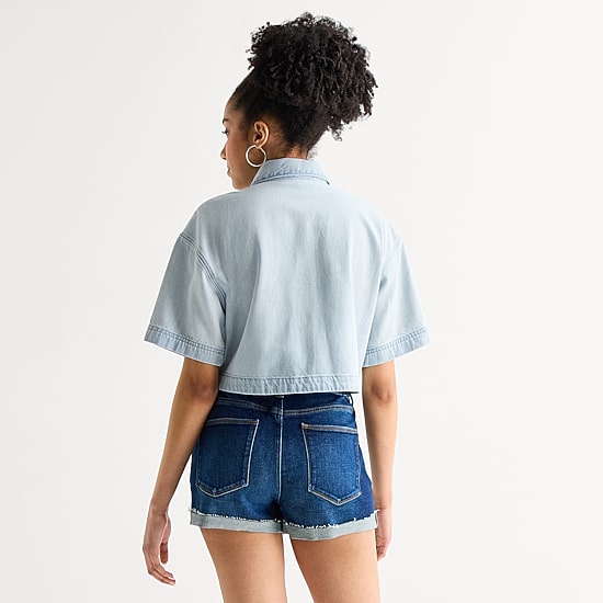 Arizona Womens Juniors Short Sleeve Regular Fit Button-Down Shirt