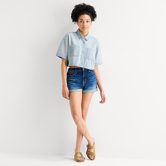Arizona Womens Juniors Short Sleeve Regular Fit Button-Down Shirt