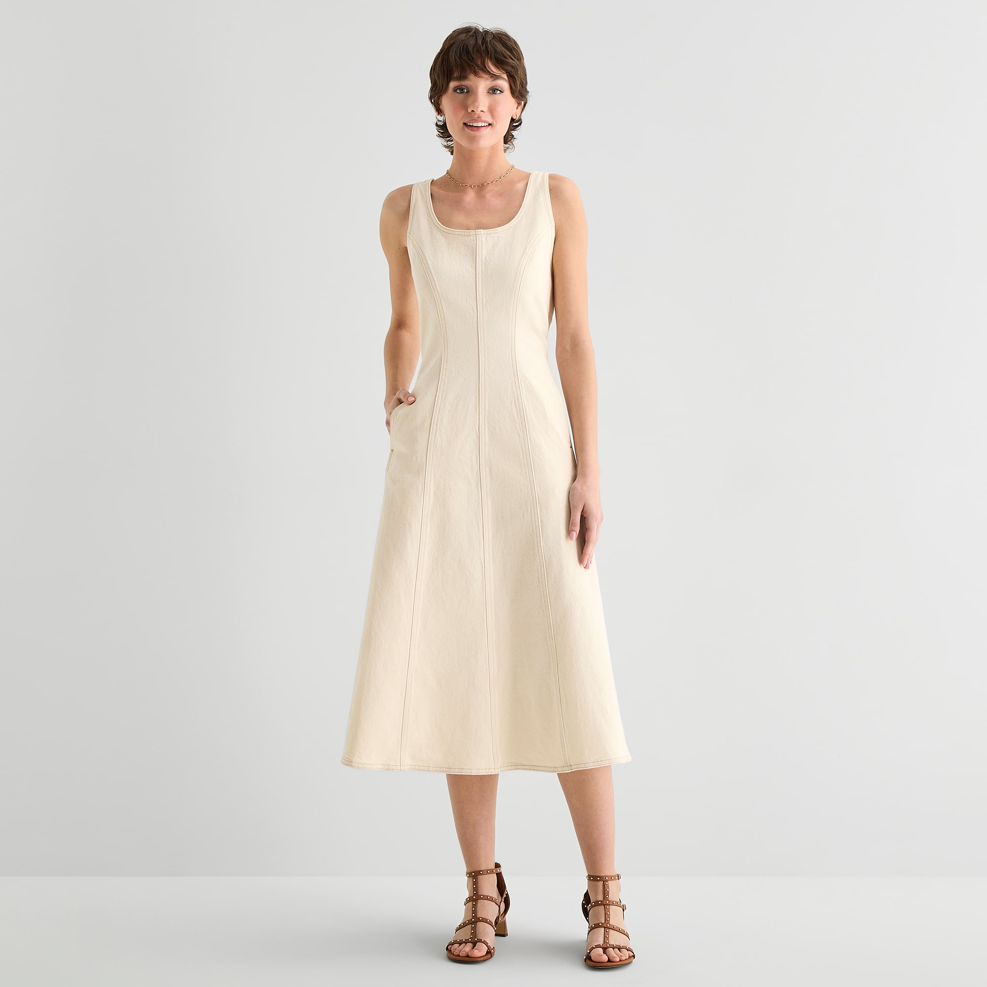 a.n.a Womens Midi Square Neck Sleeveless Fit + Flare Dress