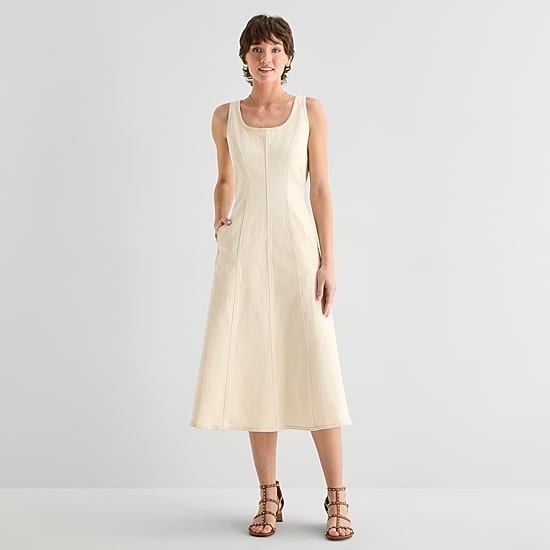 a.n.a Womens Midi Square Neck Sleeveless Fit + Flare Dress