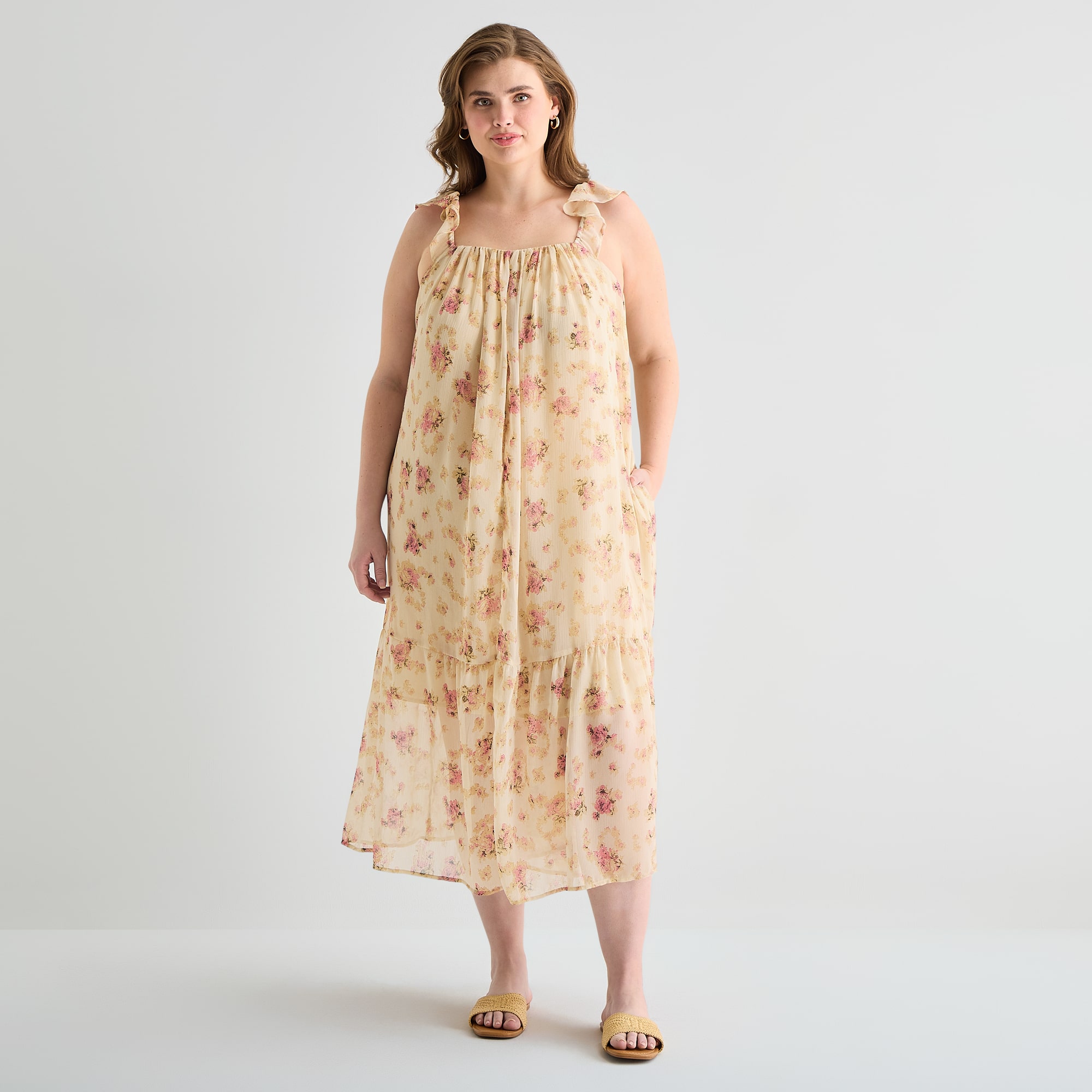 a.n.a Womens Plus Sleeveless Square Neck Midi Drop Waist Dress
