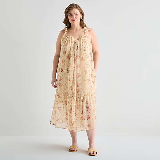 A.N.A Womens Plus Sleeveless Square Neck Midi Drop Waist Dress