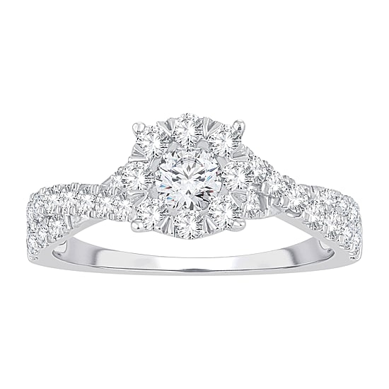 Womens 1 CT. T.W. Natural White Diamond 14K Gold Round Side Stone Halo Engagement Ring