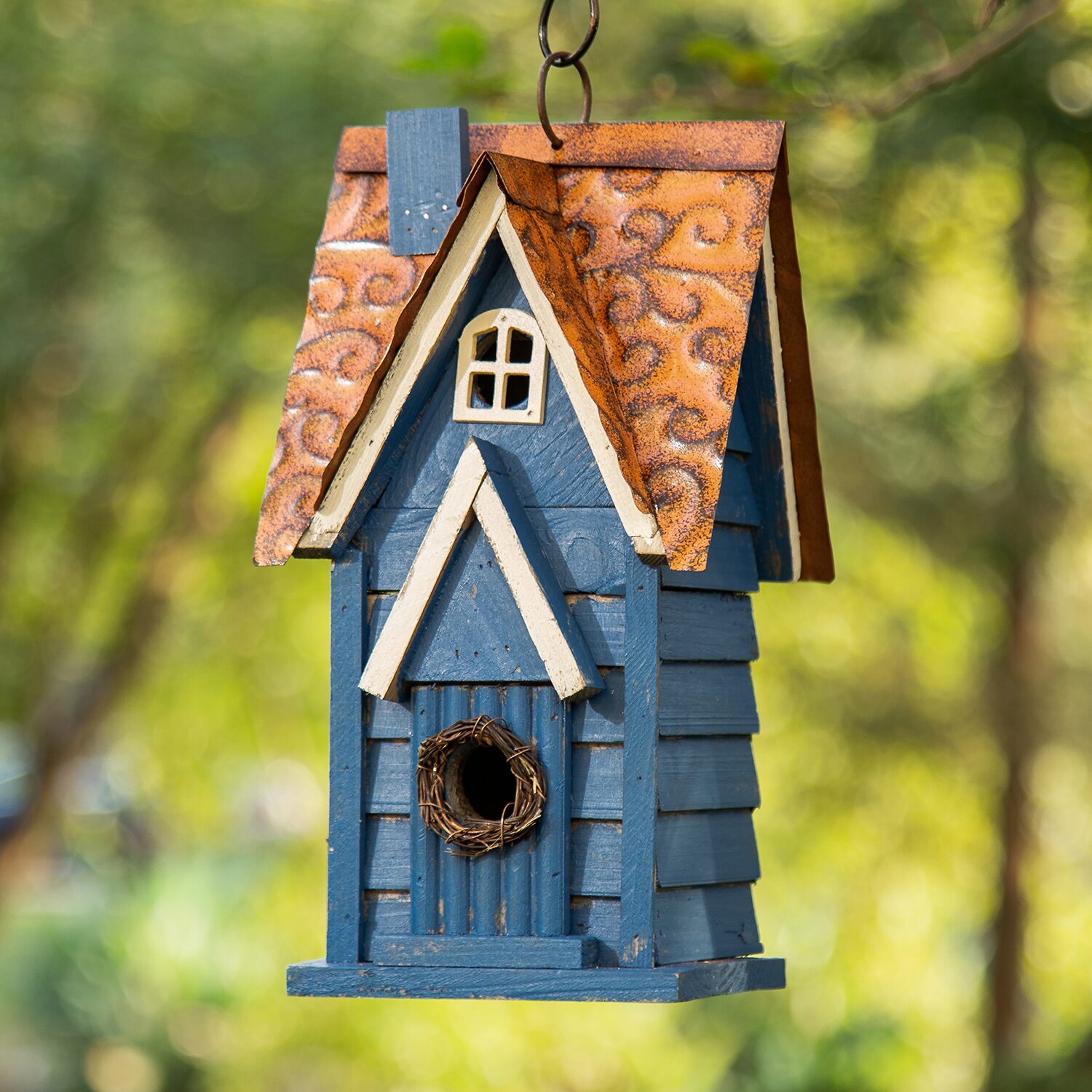 Glitzhome 12"H Retro Blue Distressed Solid Wood Bird House
