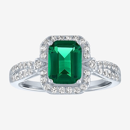 Womens Lab Created Green Emerald Sterling Silver Cocktail Ring