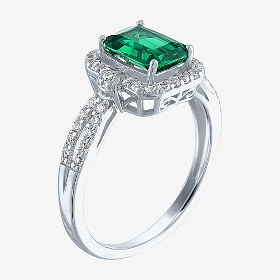 Womens Lab Created Green Emerald Sterling Silver Cocktail Ring