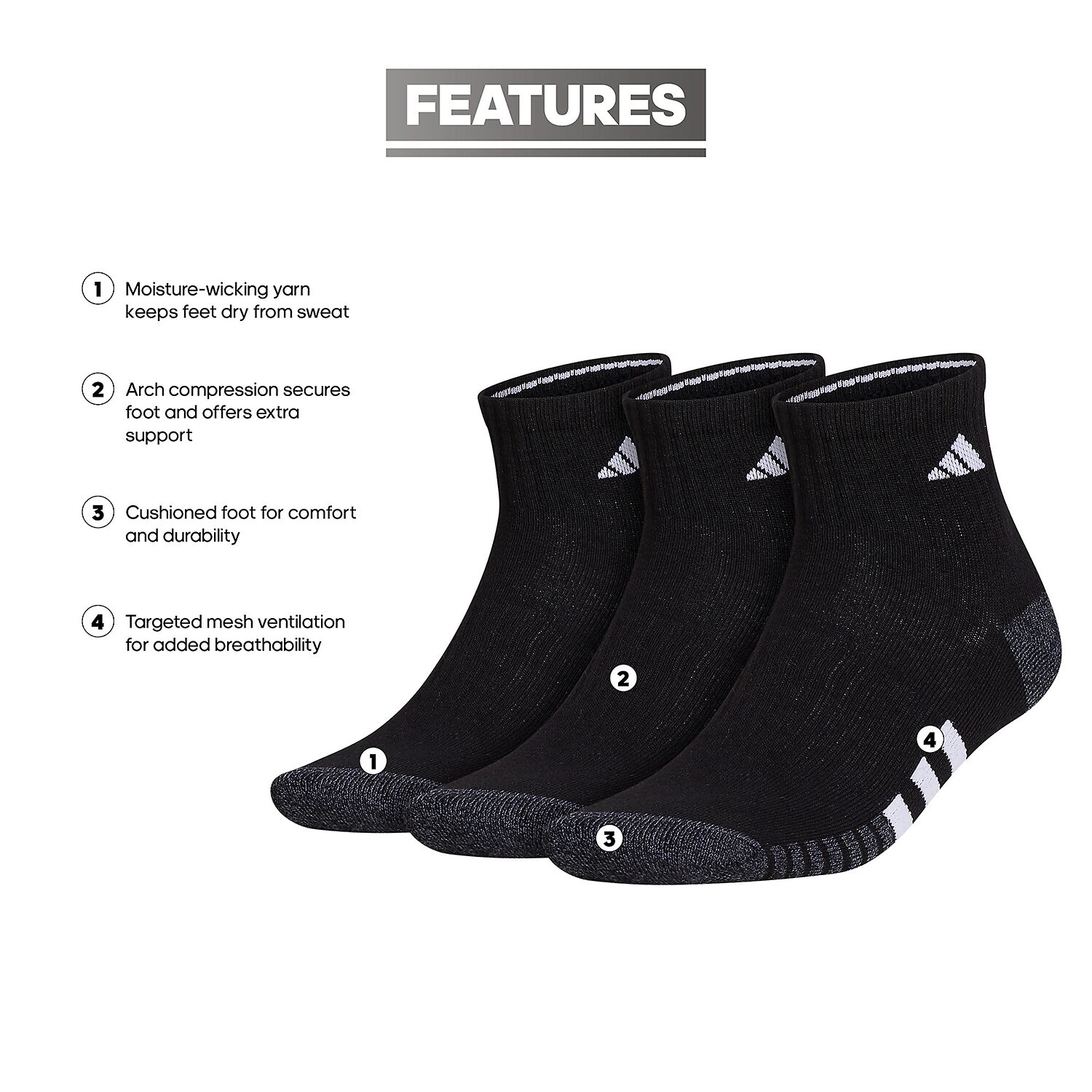 adidas Cushioned Mens 3 Pair Quarter Ankle Socks