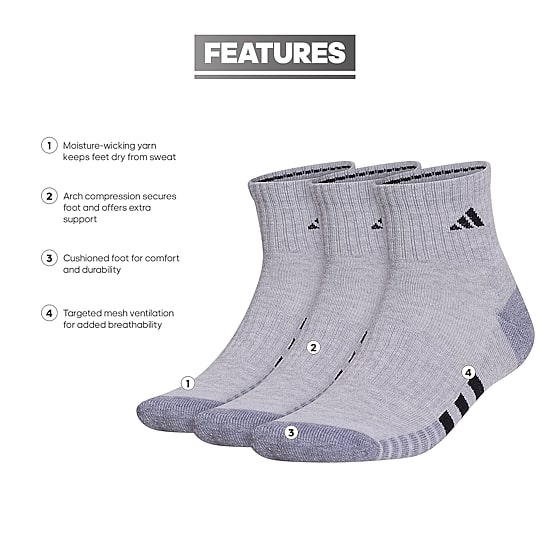 adidas Cushioned Mens 3 Pair Quarter Ankle Socks