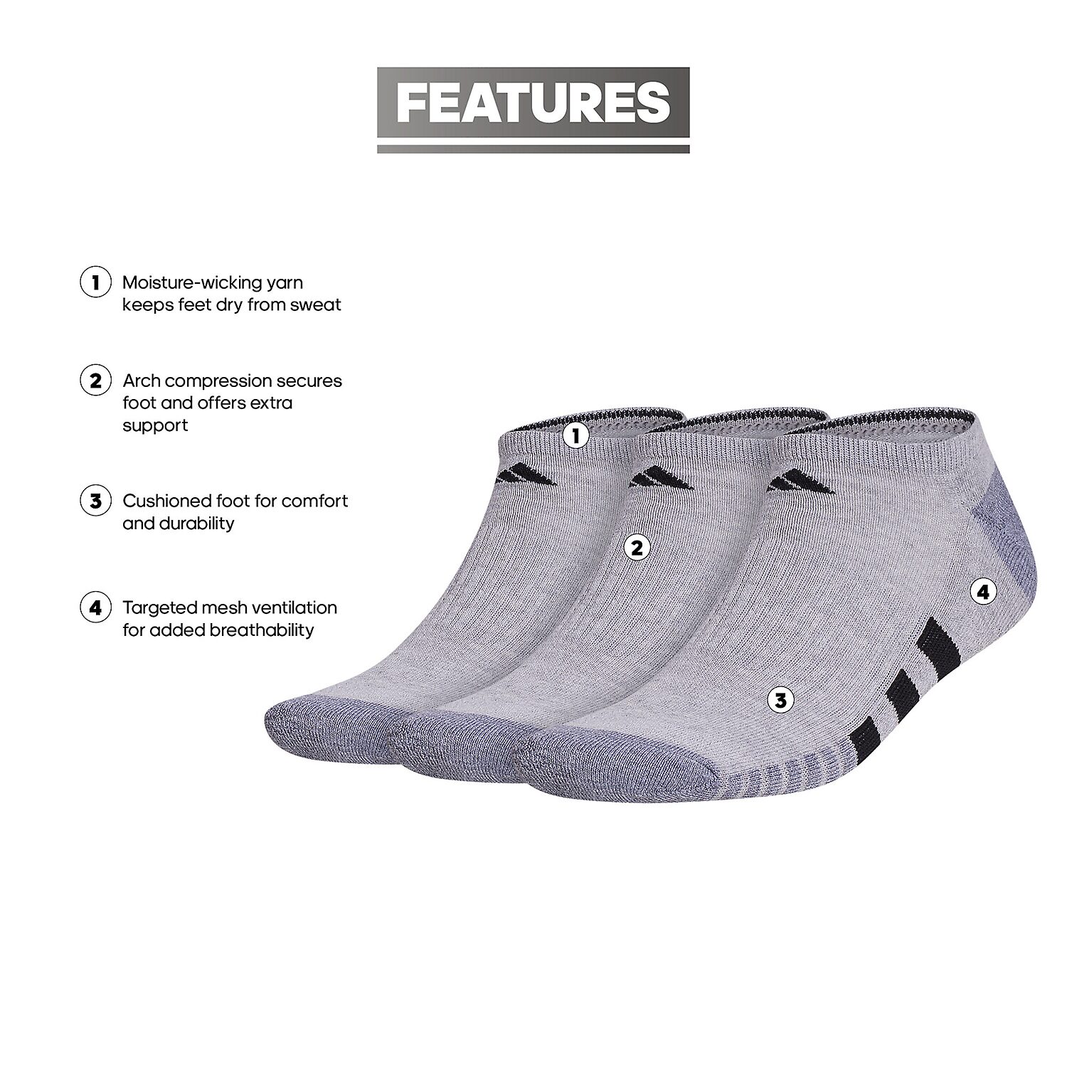 adidas Cushioned Mens 3 Pair No Show Socks