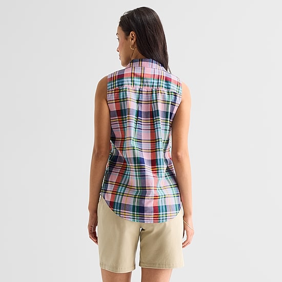 St. John's Bay Womens Sleeveless Regular Fit Button-Down Shirt