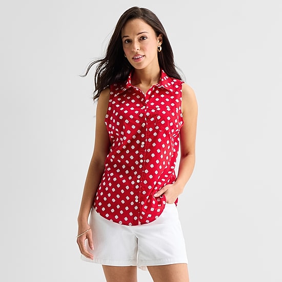 St. John's Bay Womens Sleeveless Regular Fit Button-Down Shirt
