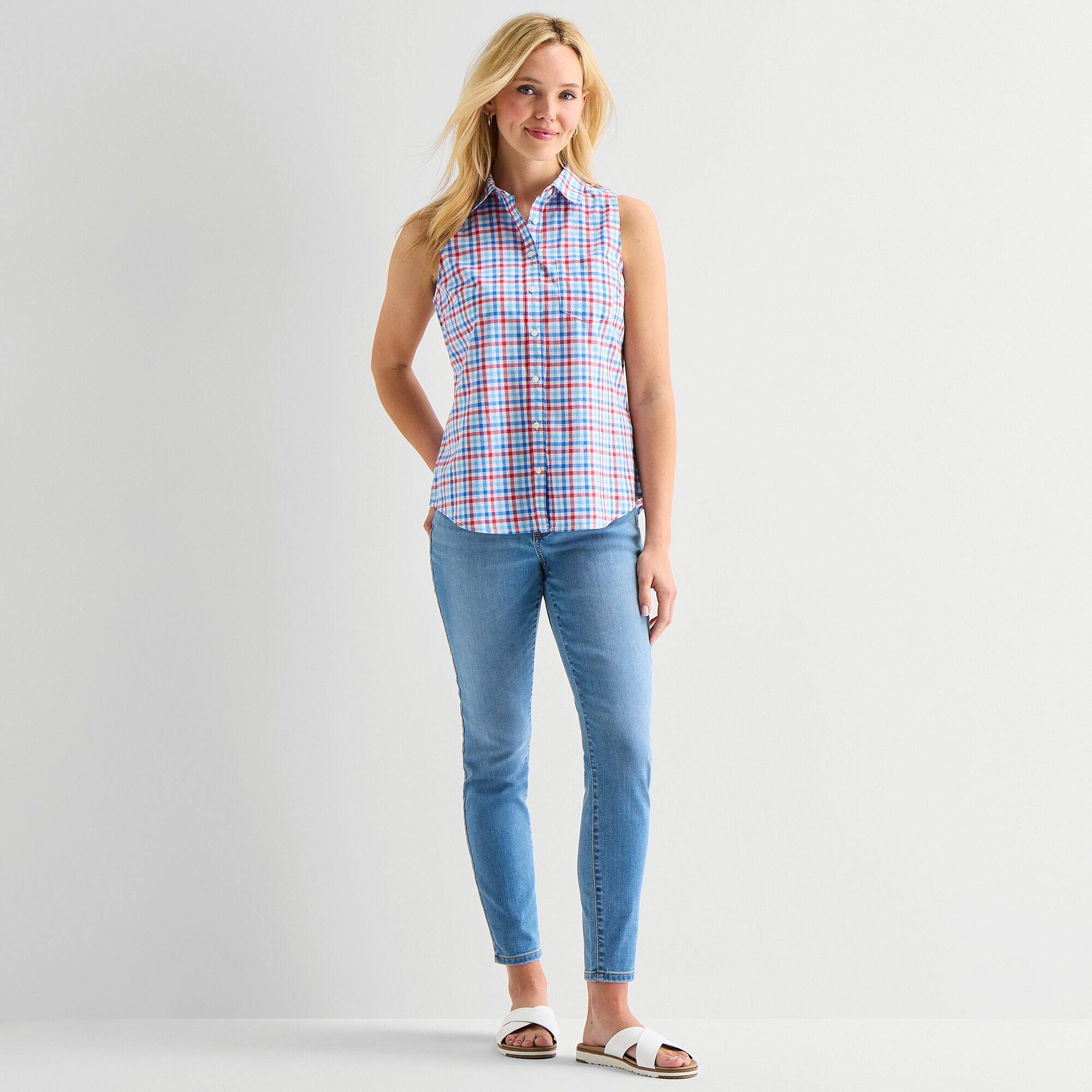 St. John's Bay Womens Sleeveless Regular Fit Button-Down Shirt