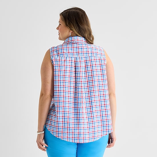 St. John's Bay Womens Plus Sleeveless Classic Fit Button-Down Shirt