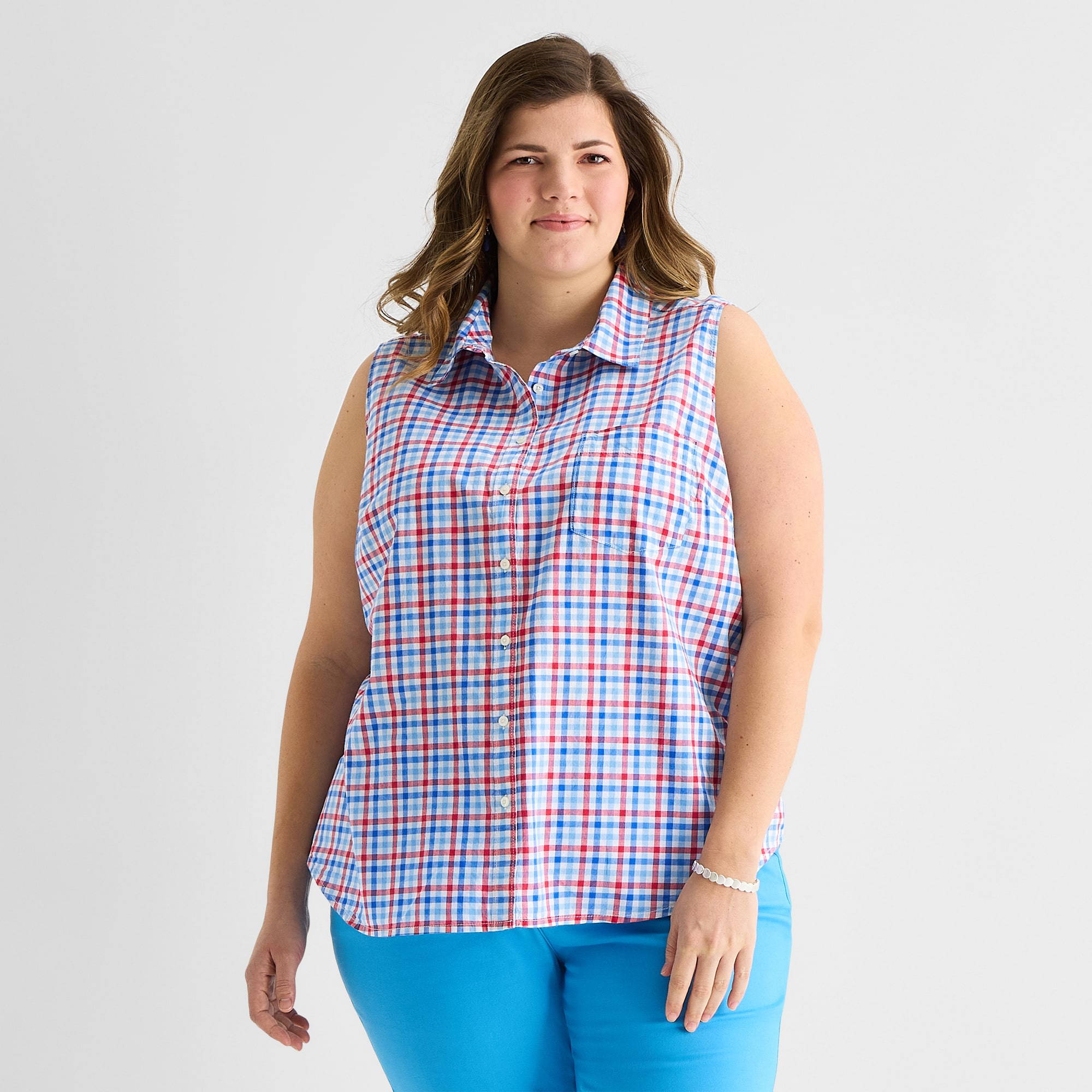 St. John's Bay Womens Plus Sleeveless Classic Fit Button-Down Shirt