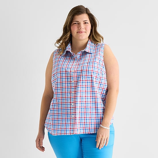 St. John's Bay Womens Plus Sleeveless Classic Fit Button-Down Shirt