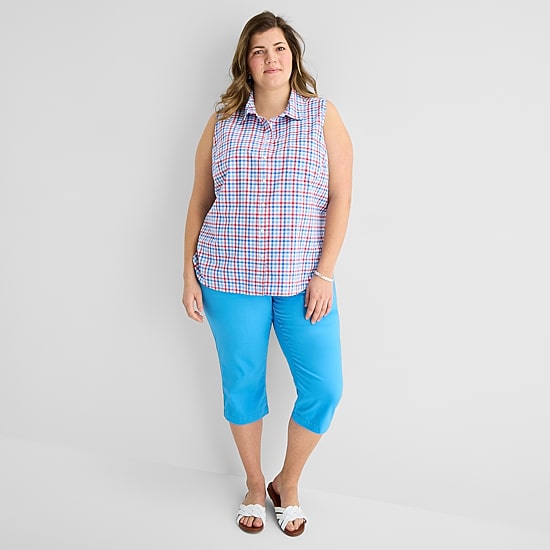 St. John's Bay Womens Plus Sleeveless Classic Fit Button-Down Shirt