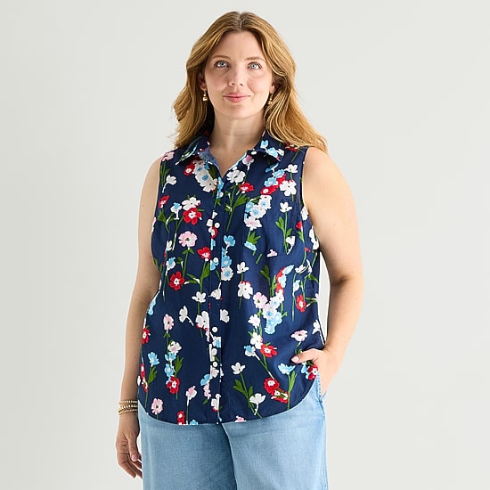 St. John's Bay Womens Plus Sleeveless Classic Fit Button-Down Shirt