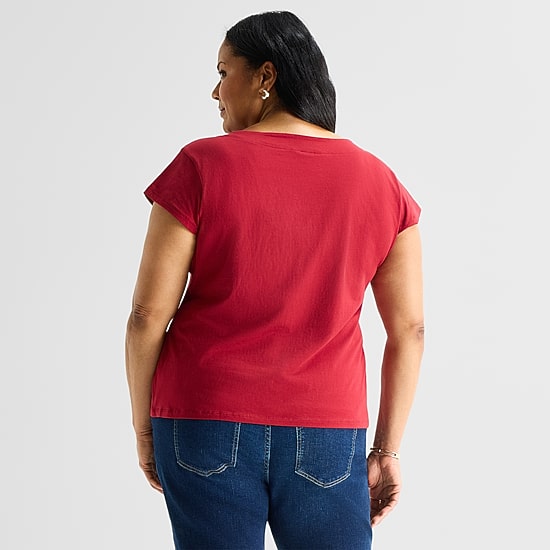 Liz Claiborne Womens Plus Boat Neck Short Sleeve Blouse