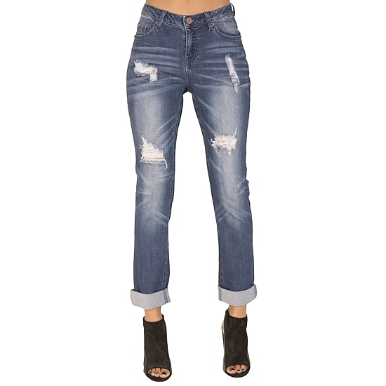 Poetic Justice Chanelle Womens Mid Rise Ripped Stretch Fabric Curvy Fit Slim Fit Boyfriend Jean