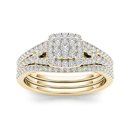 3/4 CT.T.W. Natural Diamond Cluster 10K Yellow Gold Bridal Ring Set