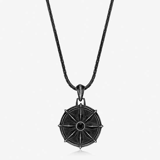 Mens Black Spinel Stainless Steel Round 24 Inch Pendant Necklace