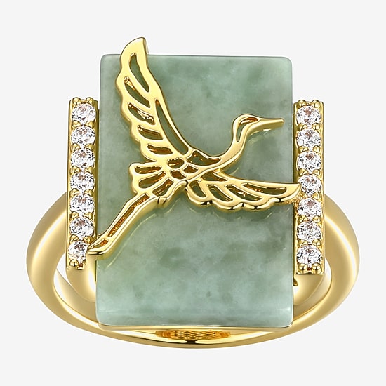 Womens Genuine Green Jade 18K Gold Over Silver Cocktail Ring
