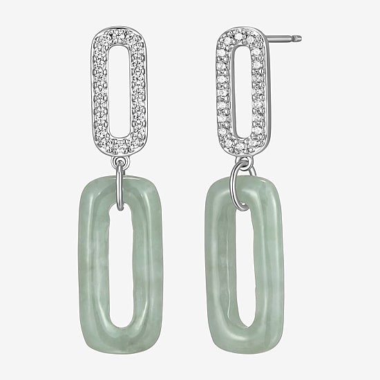 Womens Genuine Green Jade Sterling Silver Paperclip Drop Earrings