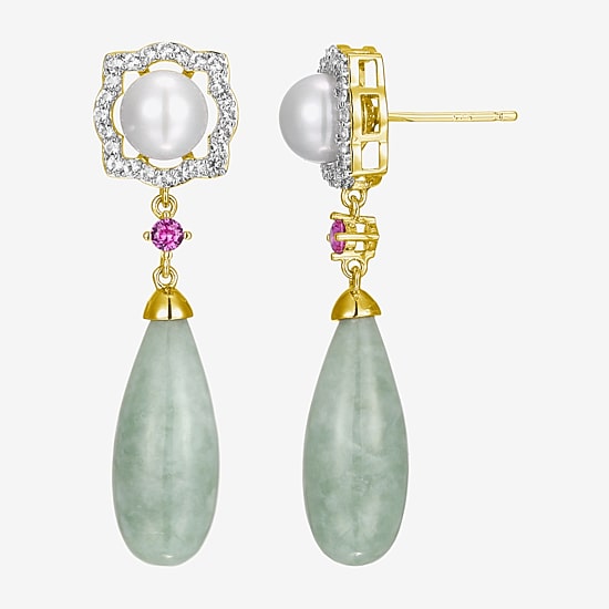 Womens Genuine Green Jade 18K Gold Over Silver Drop Earrings