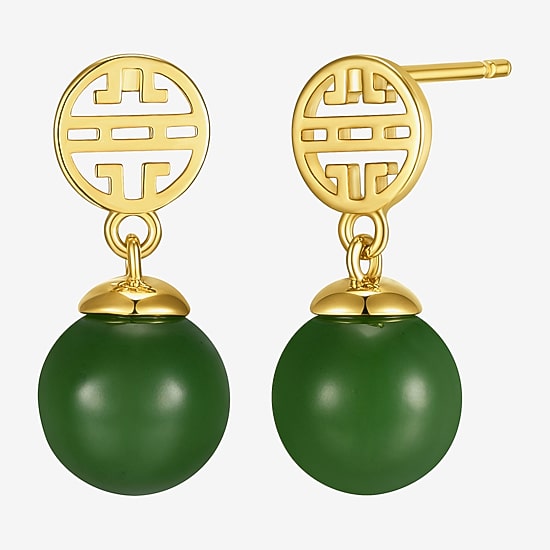 Womens Genuine Green Jade 18K Gold Over Silver Drop Earrings