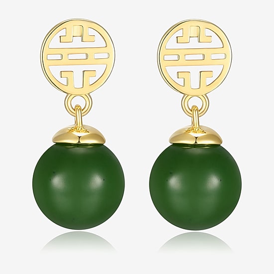 Womens Genuine Green Jade 18K Gold Over Silver Drop Earrings