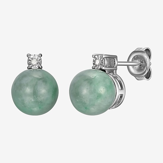 Diamond Accent Genuine Green Jade Sterling Silver 10.3mm Stud Earrings