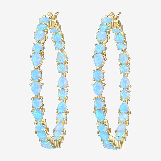 Womens Lab Created White Opal 18K Gold Over Silver 38.5mm Hoop Earrings
