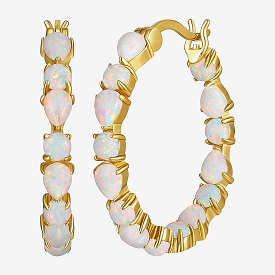 Womens Lab Created White Opal 18K Gold Over Silver 25.4mm Hoop Earrings