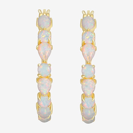 Womens Lab Created White Opal 18K Gold Over Silver 25.4mm Hoop Earrings