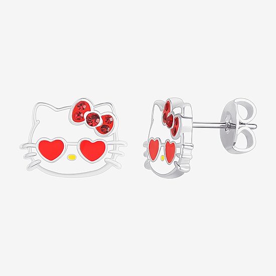 Pink Crystal 9.1mm Heart Hello Kitty Stud Earrings