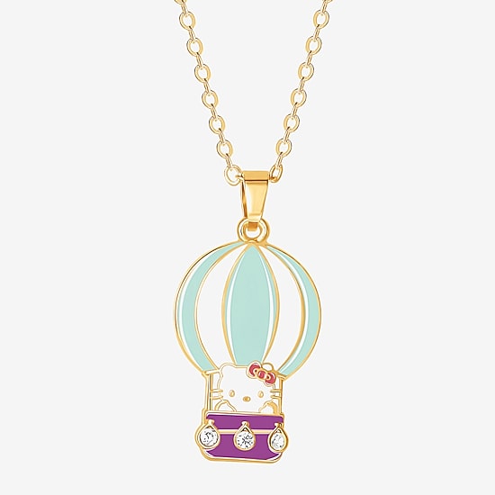 Hello Kitty Hot Air Balloon Womens Crystal 18K Gold Over Brass 16 Inch Pendant Necklace