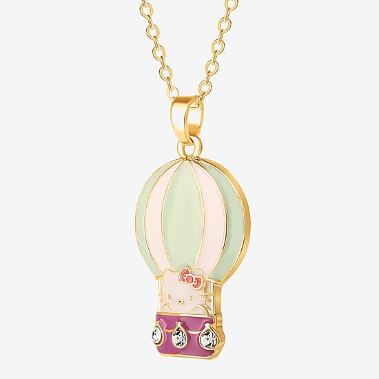Hello Kitty Hot Air Balloon Womens Crystal 18K Gold Over Brass 16 Inch Pendant Necklace