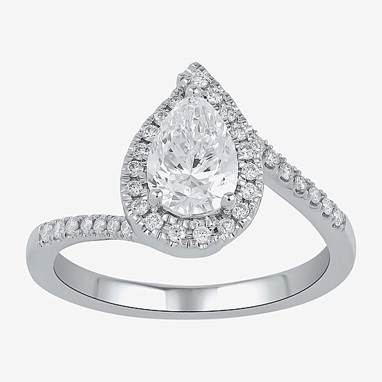 (G / I1) Womens 1 1/4 CT. T.W. Lab Grown White Diamond 14K Gold Pear Bypass  Halo Engagement Ring