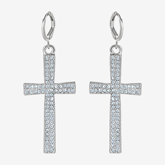 JS Jessica Simpson Silver Tone Womens Glass Cross Drop Earrings