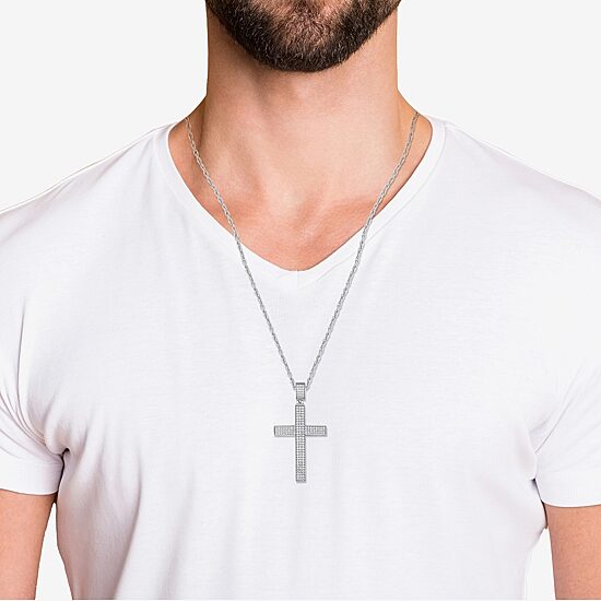 Mens White Cubic Zirconia Sterling Silver Cross 24 Inch Pendant Necklace