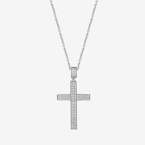 Mens White Cubic Zirconia Sterling Silver Cross 24 Inch Pendant Necklace