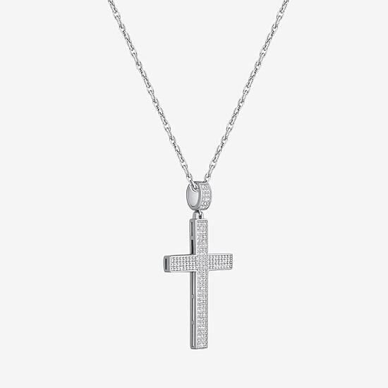 Mens White Cubic Zirconia Sterling Silver Cross 24 Inch Pendant Necklace