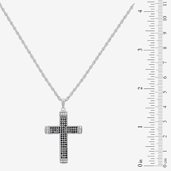 Mens Black Cubic Zirconia Sterling Silver Cross 24 Inch Pendant Necklace