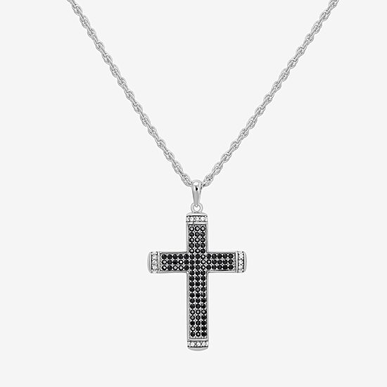 Mens Black Cubic Zirconia Sterling Silver Cross 24 Inch Pendant Necklace