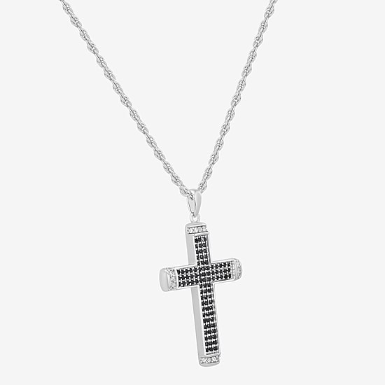 Mens Black Cubic Zirconia Sterling Silver Cross 24 Inch Pendant Necklace
